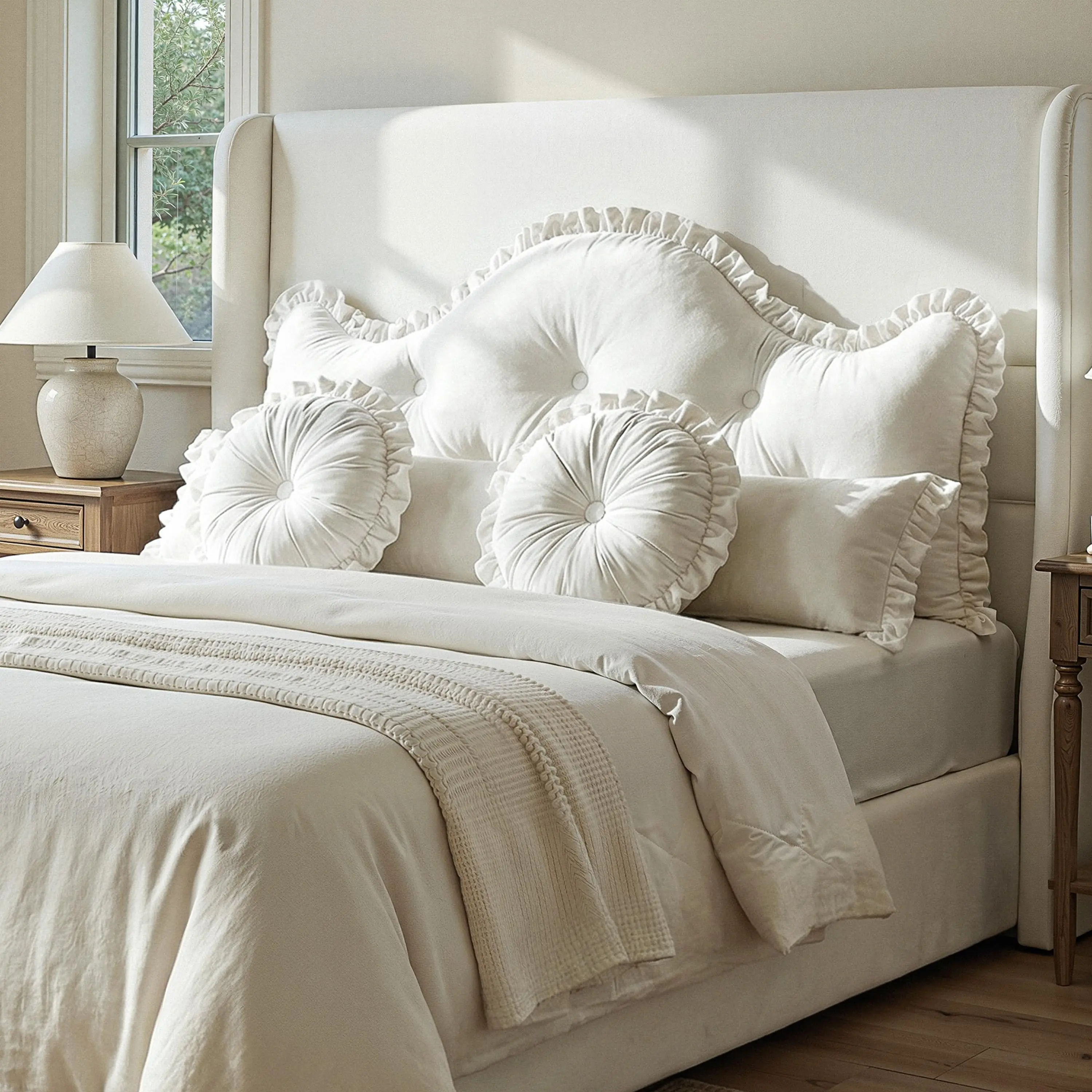 【Cozydozy】Cream White Dutch Velvet 4-Piece Ruffled Tufted Headboard Pillow Set, Bedroom Relaxation Back Support Cushion, Living Room Couch/Floor Reading Pillow, Ideal Mother's Day Gift