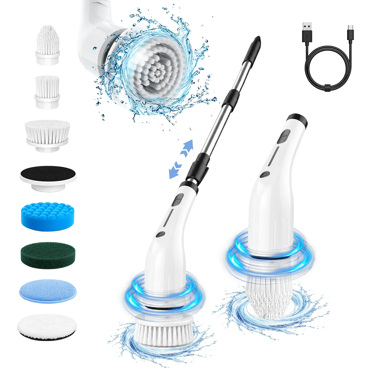 Cordless Electric Spin Scrubber, Wireless Cleaning Brush, USB-C Charge, 4 Replaceable Heads, IPX7 Full-Body Waterproof, 3-Level Adjustable Extension Handle (3 Lengths), 2-Speed, for Bathroom, Kitchen, Pool