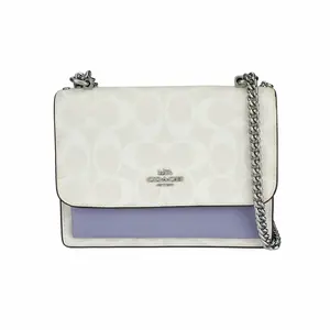 COACH Klare 18 Classic Monogram Flap Crossbody Bag for Women – Mini Canvas and Leather in White and Lilac