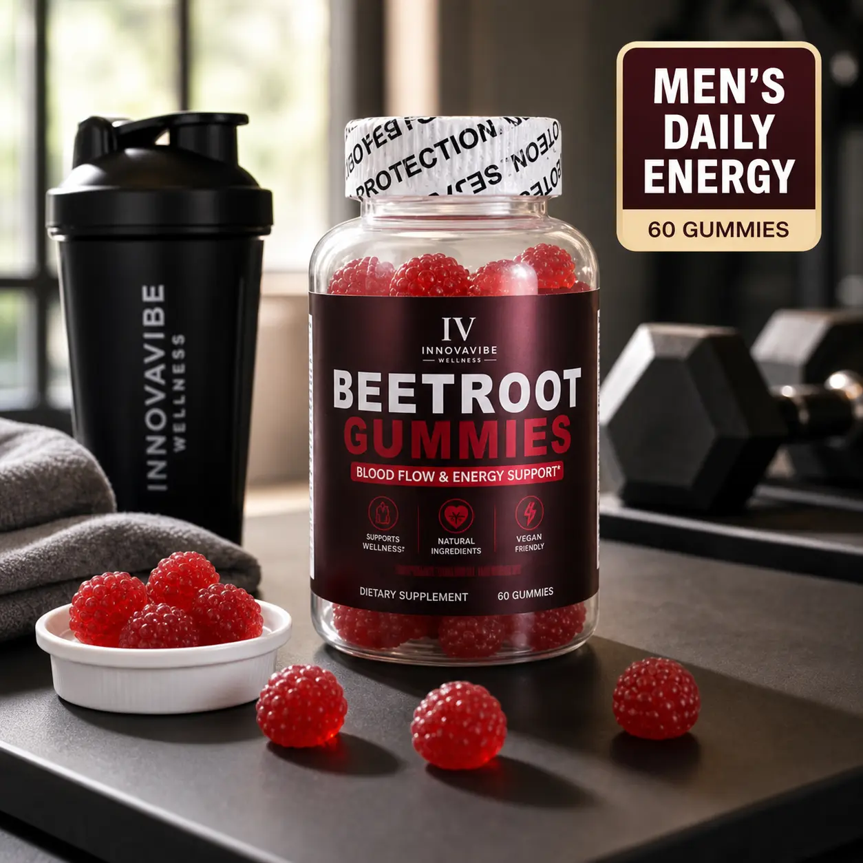 INNOVAVIBE Edible Natural Beetroot Vitamin Gummies for Men - Dietary Healthy Supplement, Daily Energy Support, Fitness Supplement for Fitness, Berry Flavor