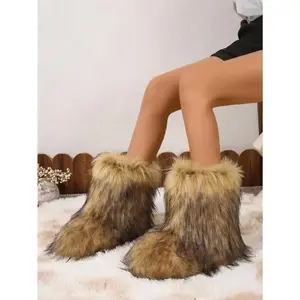 Faux Boot Furry Fluffy Round Toe Suede Snow Winter Women Boots Comfy Plush Warm Windproof  Outdoor Indoor  Shoes Mid-Calf Boot（gift）