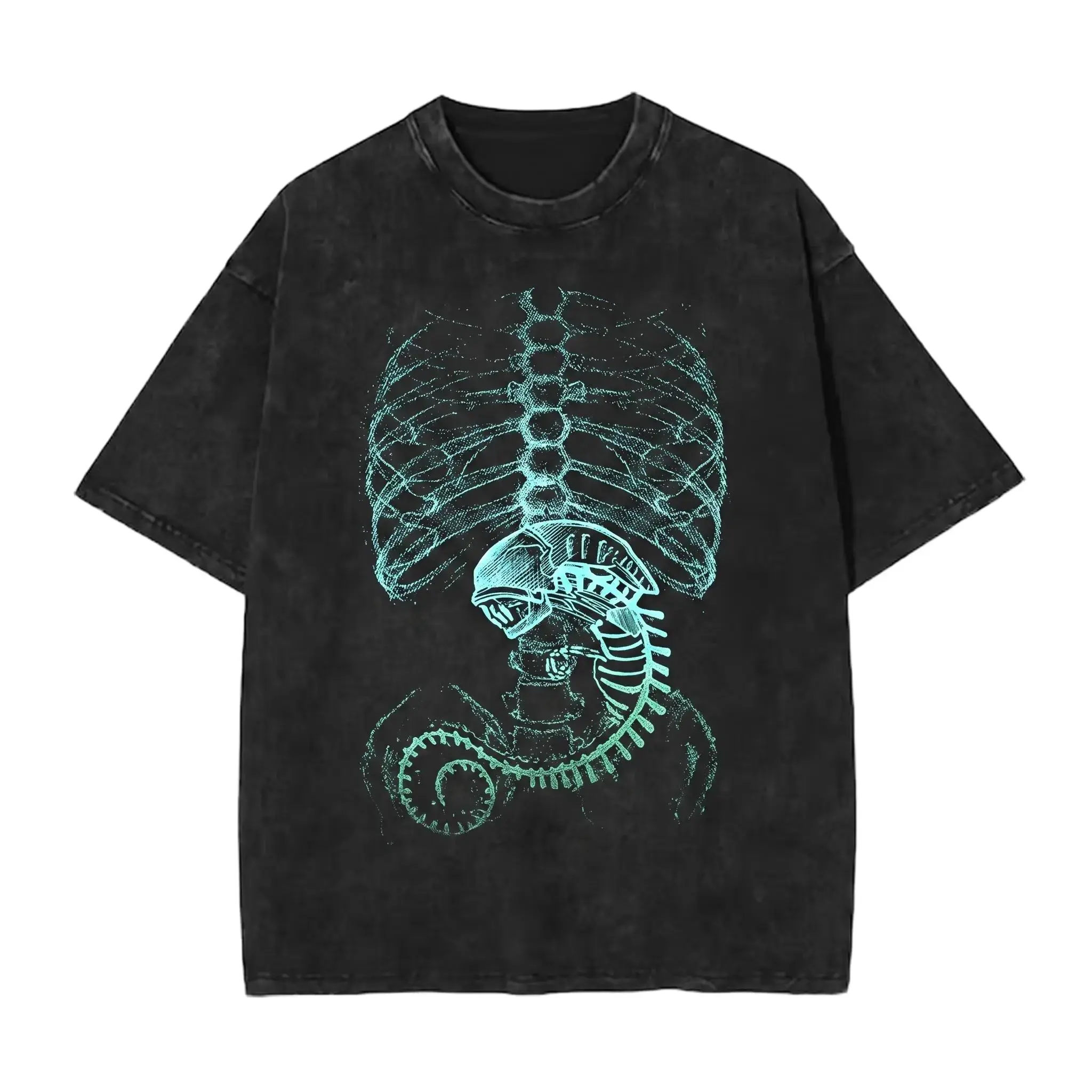 Alien Sci-Fi Horror Chestburster Ribcage Graphic Tee - Vintage Black Wash Streetwear Shirt