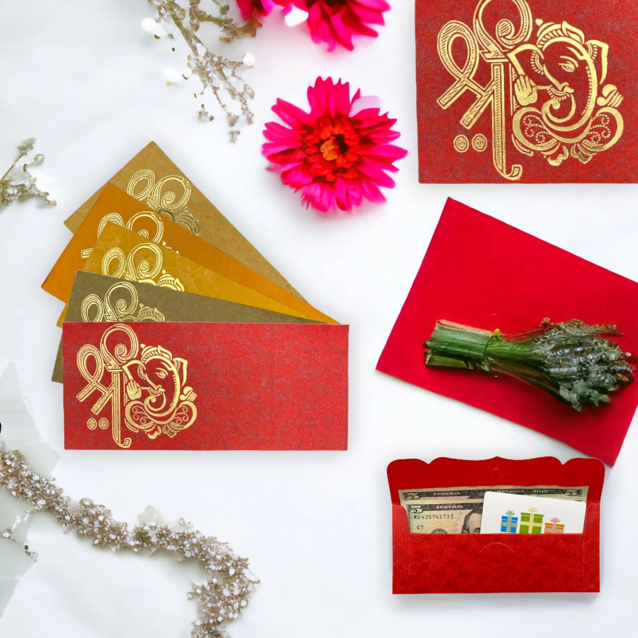 Ganesha Shagun Envelopes - Office Stationery Money Gift Holders, Assorted Colors, Golden Details, Sturdy Paper Indian Art for Diwali, Weddings, Celebrations