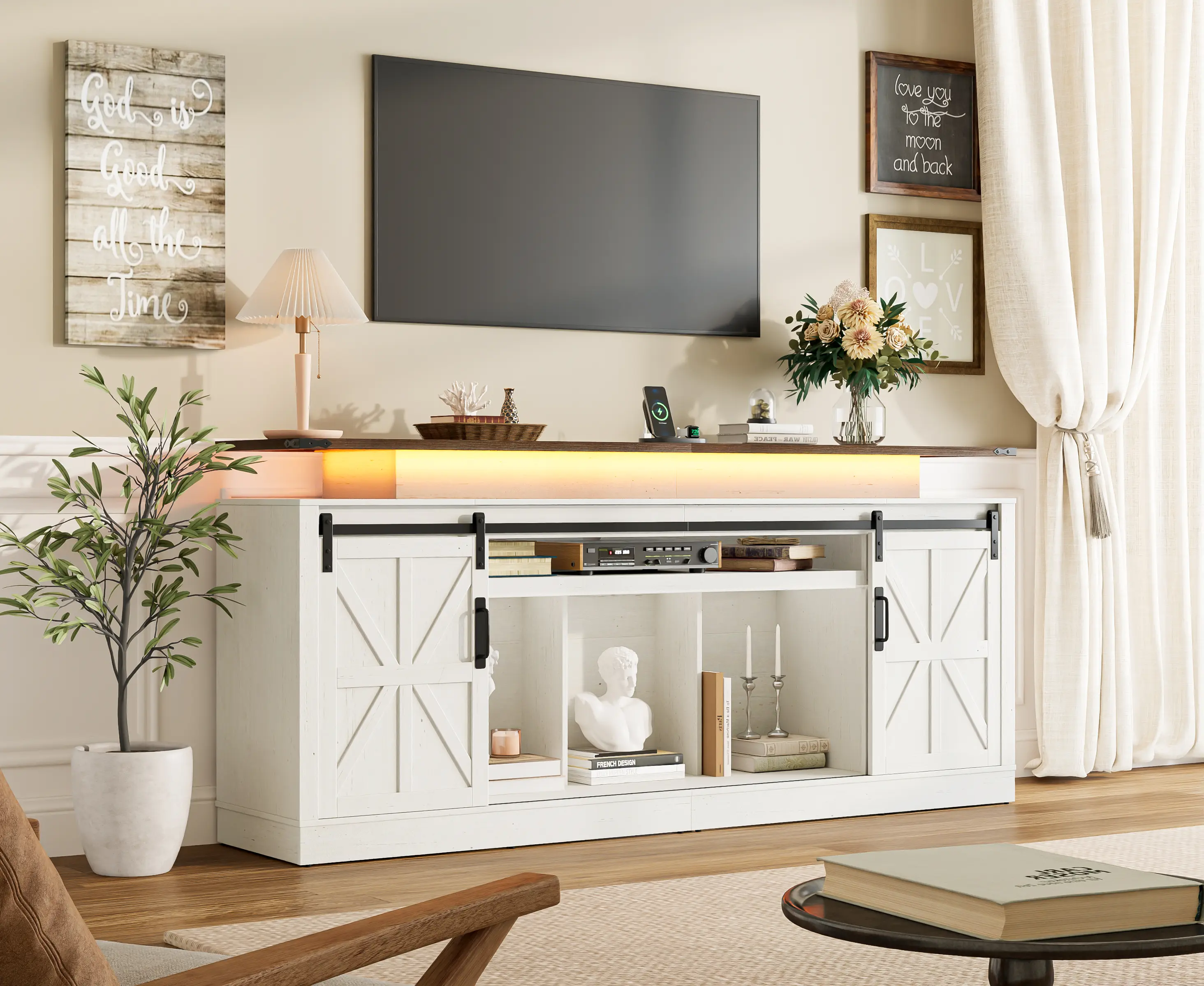 70" /80" Farmhouse TV Stand with Power Outlets and LED Light Extra Tall Entertainment Center with Sliding Barn Door for 80~90 Inch TVs Rustic Media Console w/Adjustable Shelves Open Shelves for Living Room