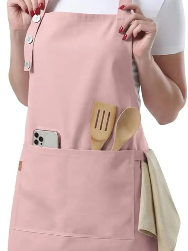 TOSHE Kitchen Apron Waterdrop Resistant Cotton Apron with adjustable Aprons for Women with Pockets 10 Color option Cooking Powder Pink Apron (Powder Pink)