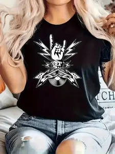 High-Elasticity Short-Sleeve T-Shirt - 95% Polyester/5% Spandex, Round Neck Casual Blouse with Letter Print (No Transparency)| H-Line Regular Fit for Spring Summer Fall| Casual Attire & Layering| Machine Washable T-Shirt