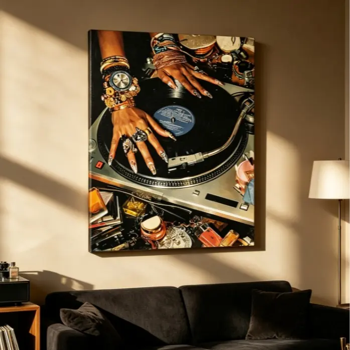 Vintage Vinyl DJ Glam Paper Poster - Artistic Graphic Prints, Vintage Design Unique Artwork, Living Room Decoration, Aesthetic Home Decor for Luxury Jewelry & Turntable Accents, Wall, Vintage Home Decor