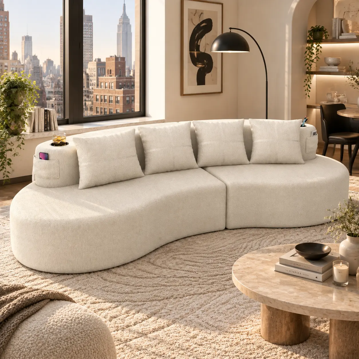 Modern Boneless L-Shape Modular Sofa - 3-Seat Neutral Comfy Couch with Horizontal Armrest, Curved Half Moon Compressed Design, Clean Aesthetic, Flexible Layout, Boneless Sectional Couch for Living Room, Apartment Indoor Furniture,sohochic