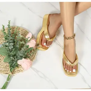 Women Metallic Wedge Thong Sandals, Glamorous Sandals Gold Girl Walking Shoes Summer Footwear Rubber Comfort Casual Elegant Nail