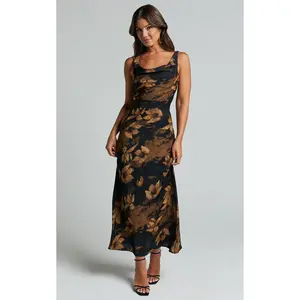 Dara Midi Dress - Low Neck Sleeveless Slip Dress in Amber Floral Print