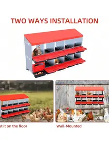 red- Chicken Nesting Boxes, 8 Hole/10 Hole Chicken Laying Boxes,Roll Away Nesting Boxes,Metal Poultry Nest Box With Perch And Lid Cover, Wall Mount/Free Standing Egg Laying Box