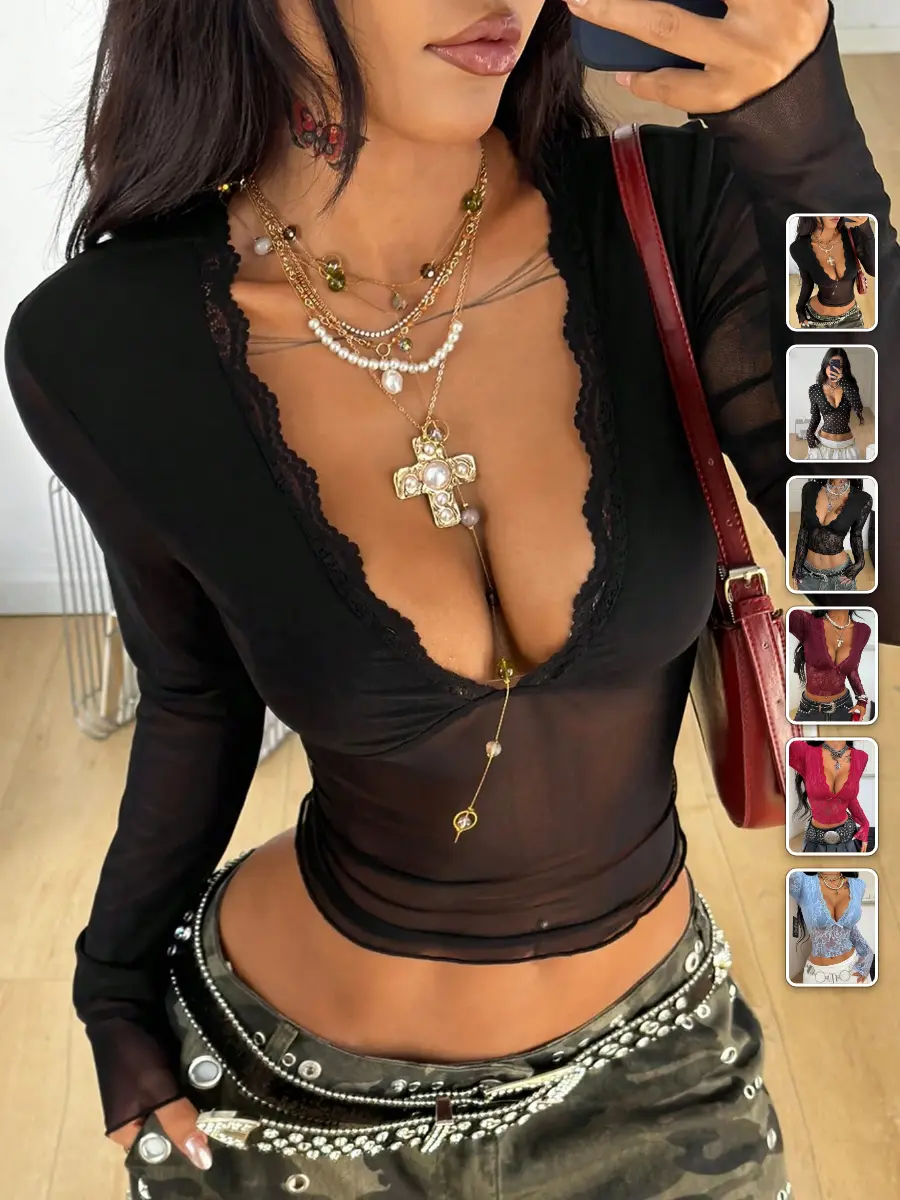Y2K Lace Long Sleeve Top V-Neck Streetwear Rave Festival Outfit