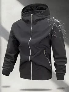 Men's Plain Hooded Waterproof Windproof Jacket, Mountain Style Ribbed Hem Design, Outdoor Hiking Multi-Weather Adaptability, All Weather Resistant, Casual Long Sleeve Fitted Coat