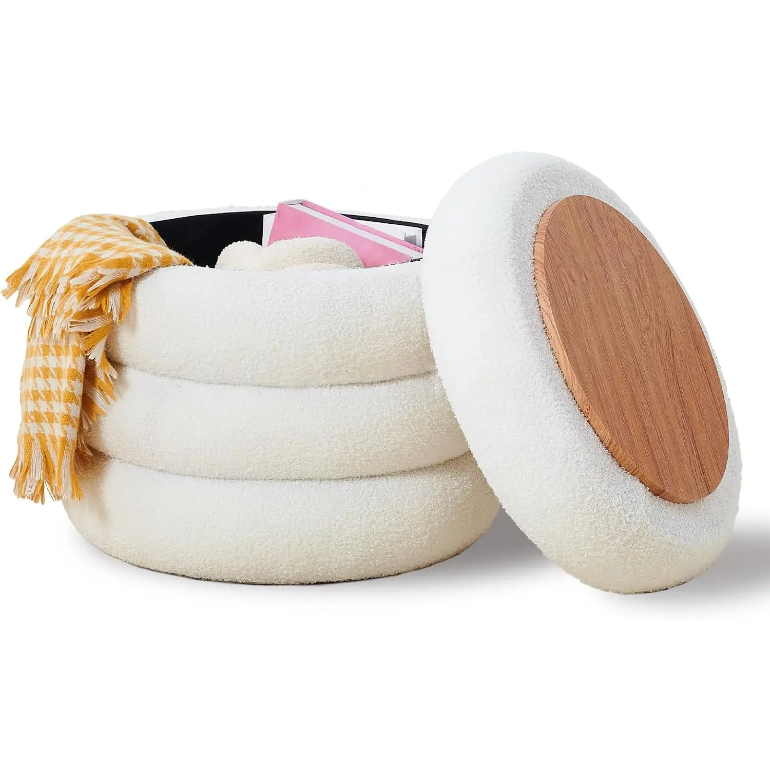 18in Round Multifunctional Soft Padded Footstool - Modern Sherpa Upholstered Storage Ottoman with Flip-Top Tray, Vanity Makeup Stool for Living Room, Bedroom, Multifunctional Stool