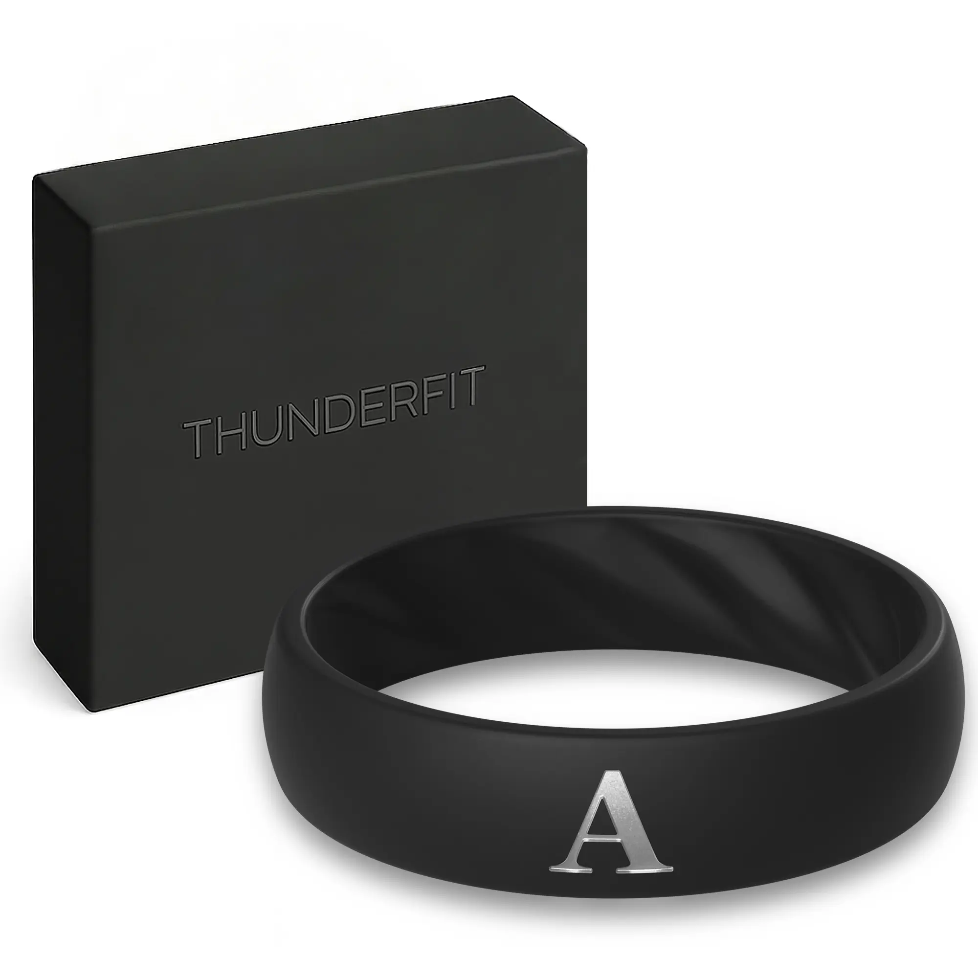 ThunderFit Silicone Rings Wedding Bands for Women, Black Custom Initial Engraved Ring, 5.5mm Wide, 2mm Thick, Rubber Engagement Bands, Gift Box Included, 1-Pack