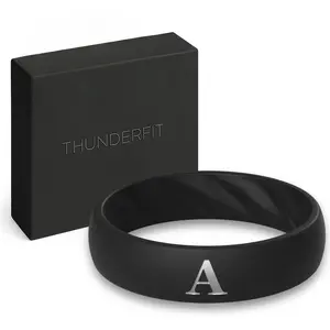 ThunderFit Silicone Rings Wedding Bands for Women, Black Custom Initial Engraved Ring, 5.5mm Wide, 2mm Thick, Rubber Engagement Bands, Gift Box Included, 1-Pack