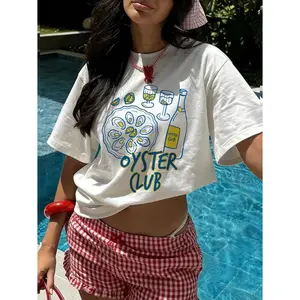 Oyster Club Graphic Tee Womens Oversized Short Sleeve Crewneck Casual Summer Vacation Beach Pool Brunch Streetwear Soft Loose Fit Cute Trendy Top