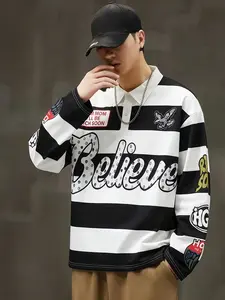 Men's Classic Vintage Striped Embroidered Eagle Letter Print Long Sleeve T-Shirt, Casual Loose Fit Streetwear, All Seasons Fashion Top, Menswear, Embroidery
