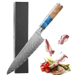 Chef Knife 8 inch, Damascus Chef Knife VG10 Core Steel with 67-Layers High Carbon Professional Sharp Chefs Knife 8" Blade Ergonomic Beautiful Blue Resin Handle Gift Boxed Meat Bone Cleaver Cutting Meatcleaverset Utensils