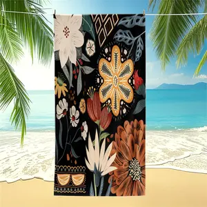 Boho Ethnic Floral Beach Towel, Retro Bohemian Flower Pattern Pool Towel, Aesthetic Black Background Camping Towel, Soft Quick Dry Absorbent Bath Towel Blanket for Women Adults, All‑Purpose Towel for Beach Pool Travel