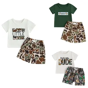 Toddler Baby Boy Two Piece Summer Outfit Short Sleeve Dad's Little Dude Mallard Duck Embroidery T-shirt Top Elastic Waist Camouflage Shorts Casual Tracksuit