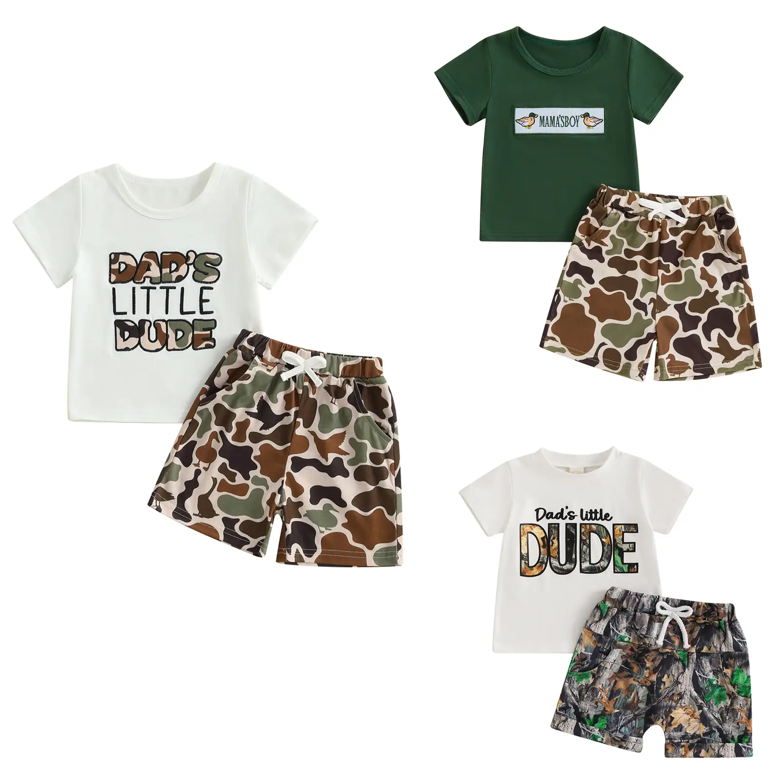 Toddler Baby Boy Two Piece Summer Outfit Short Sleeve Dad's Little Dude Mallard Duck Embroidery T-shirt Top Elastic Waist Camouflage Shorts Casual Tra
