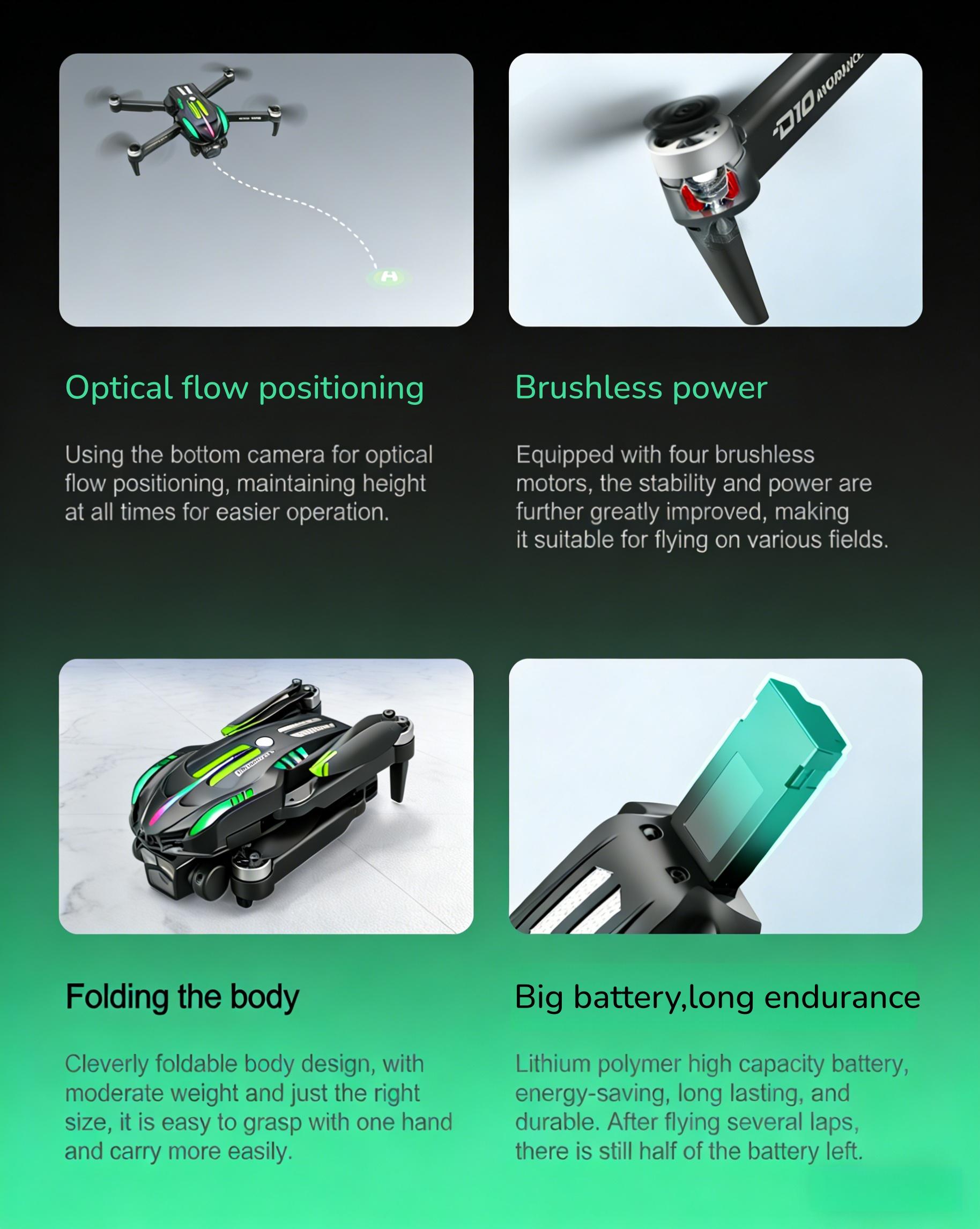D10 Drone | Brushless Motor 4-Way Obstacle Avoidance Drone with Gradient Flowing Lights, Optical Flow & Servo Gimbal EIS Stabilization, Dual WIFI Camera, Sports Car Shape, Foldable, Gesture Control & One Key Return
