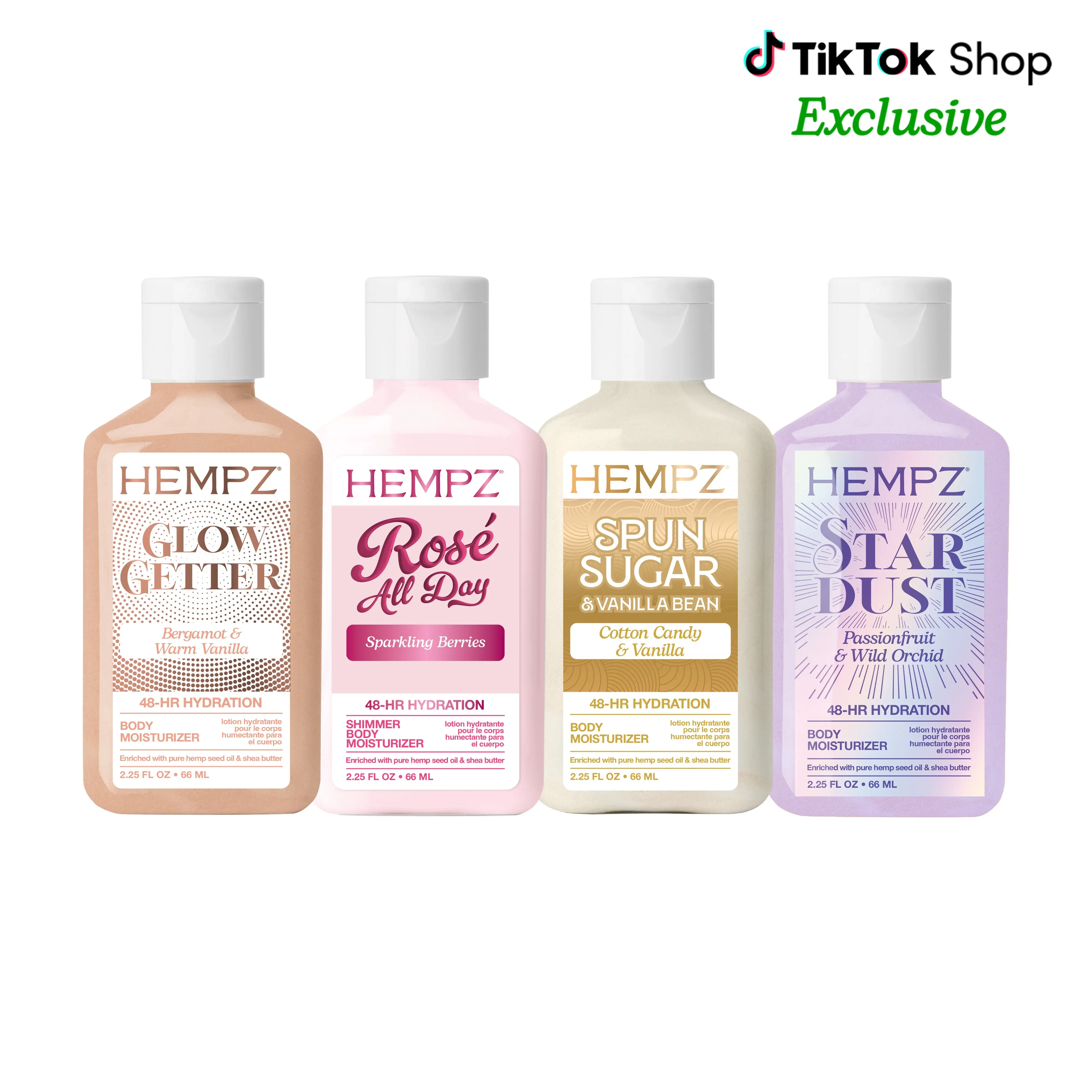 Hempz Exclusive Limited Edition Glow Getter, Rosé All Day, Spun Sugar, & Star Dust Festival Mini Lotion Shimmer Bundle