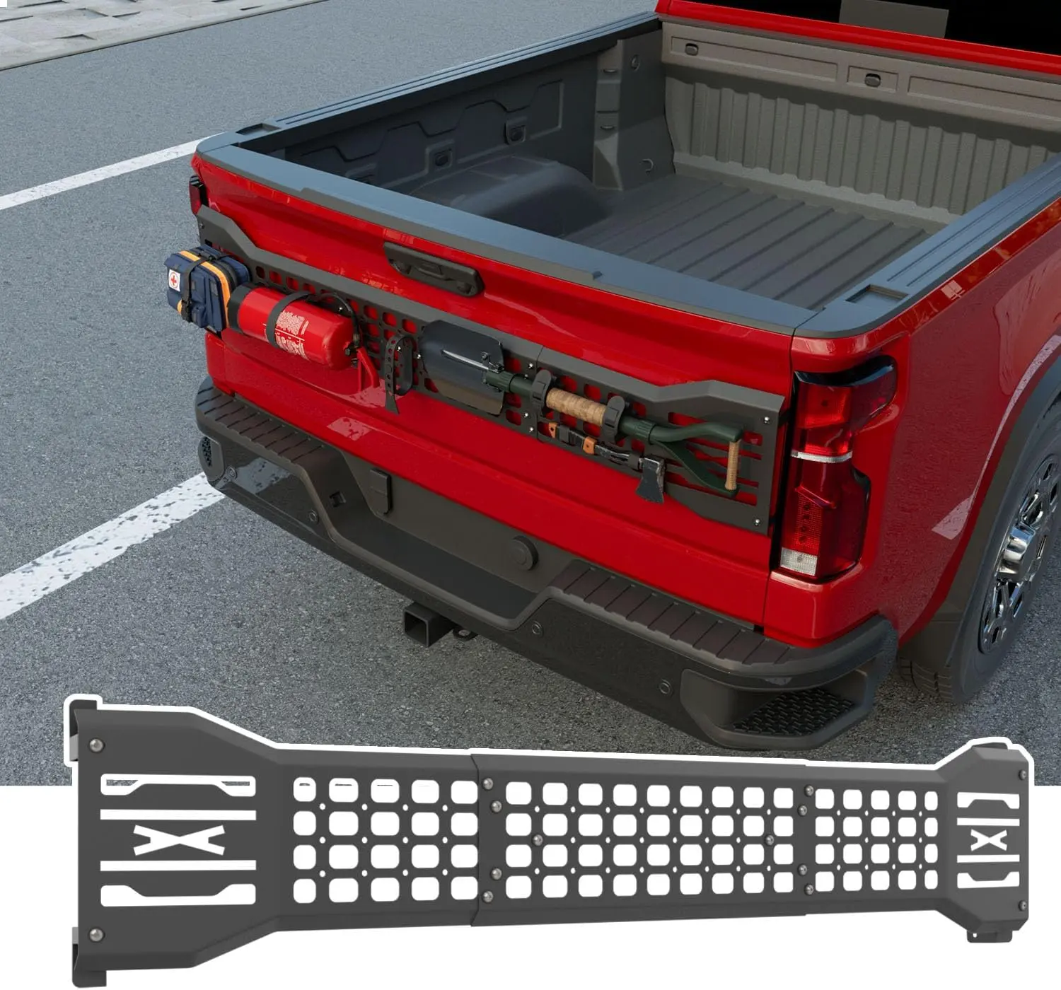 [FIts 19-26 Silverado & Sierra 1500] Tailgate Molle Panel Compatible with 2019-2026 Chevy Silverado GMC Sierra 1500 Tactical Storage Panel Rack Back Door Cargo Organization Replacement for 2019-2026 Chevy Silverado Accessories