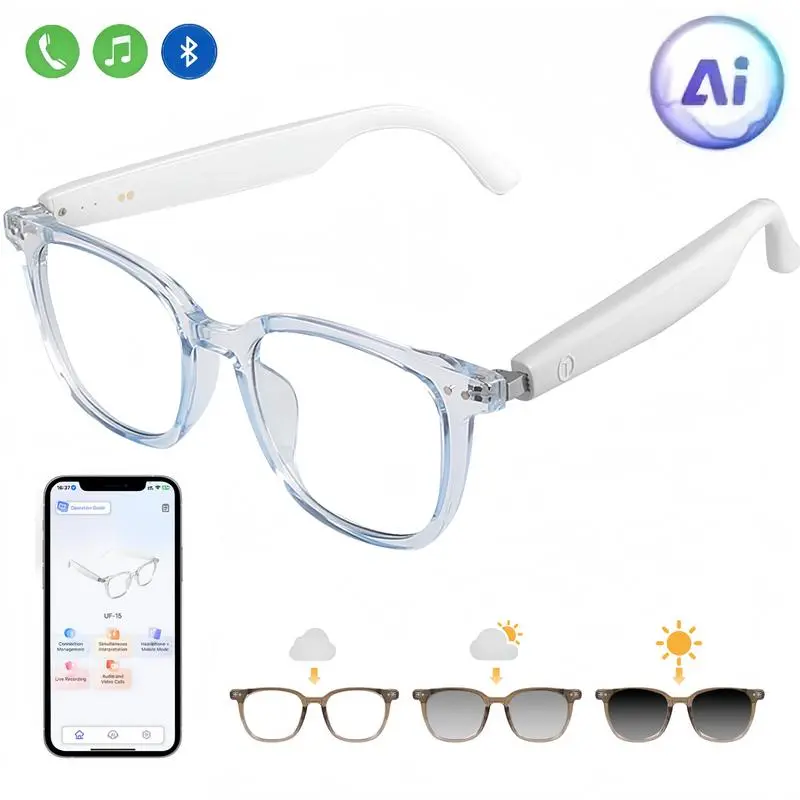 Multifunctional Smart Glasses for Unisex Adults - Bluetooth Integrated, Smartphone Compatible, Casual AI Wearable, 160-Language Real-Time Translation, Wireless Music Player, Auto-Tinting Polarized Lenses, Built-in Speakers & Mic, Blue Light Blocking, Blue