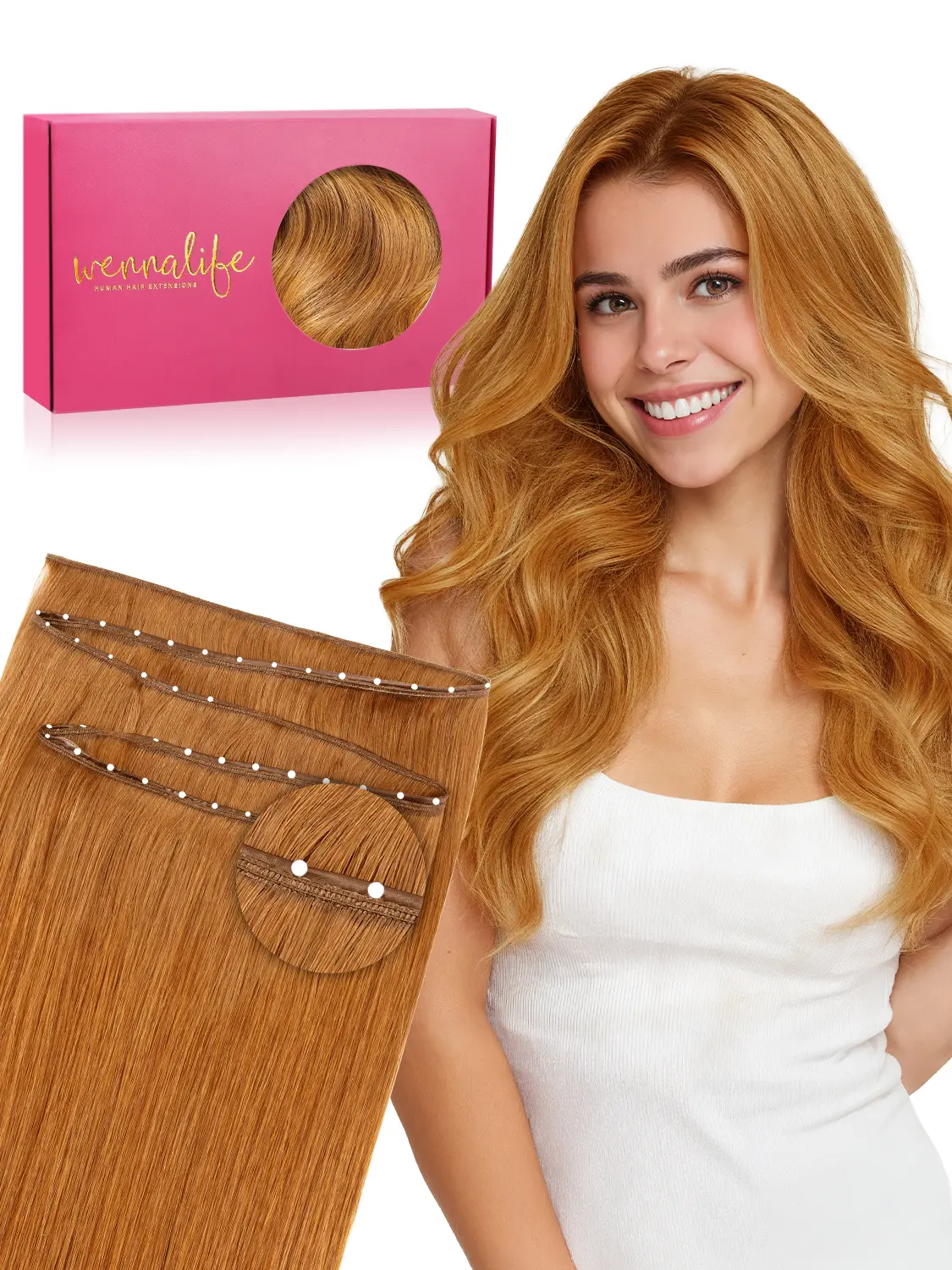 WENNALIFE Double Genius Butterfly Weft Hair Extensions Human Hair, Genius Weft Hair Extensions 80g-120g 14 Inch to 24 Inch Auburn Ginger Add Volume and Length Real Human Hair Reusable Invisible Sew in Extensions