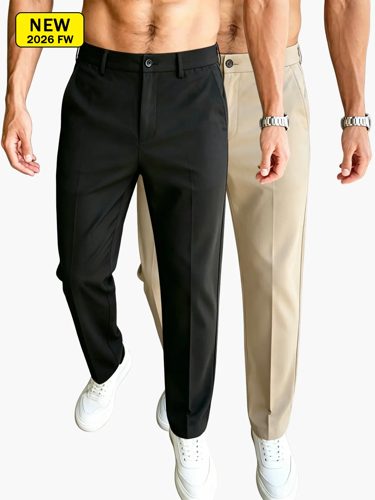 Men’s business casual suit trousers, slim fit for a slimming look, half elastic waistband, slightly stretchy fabric