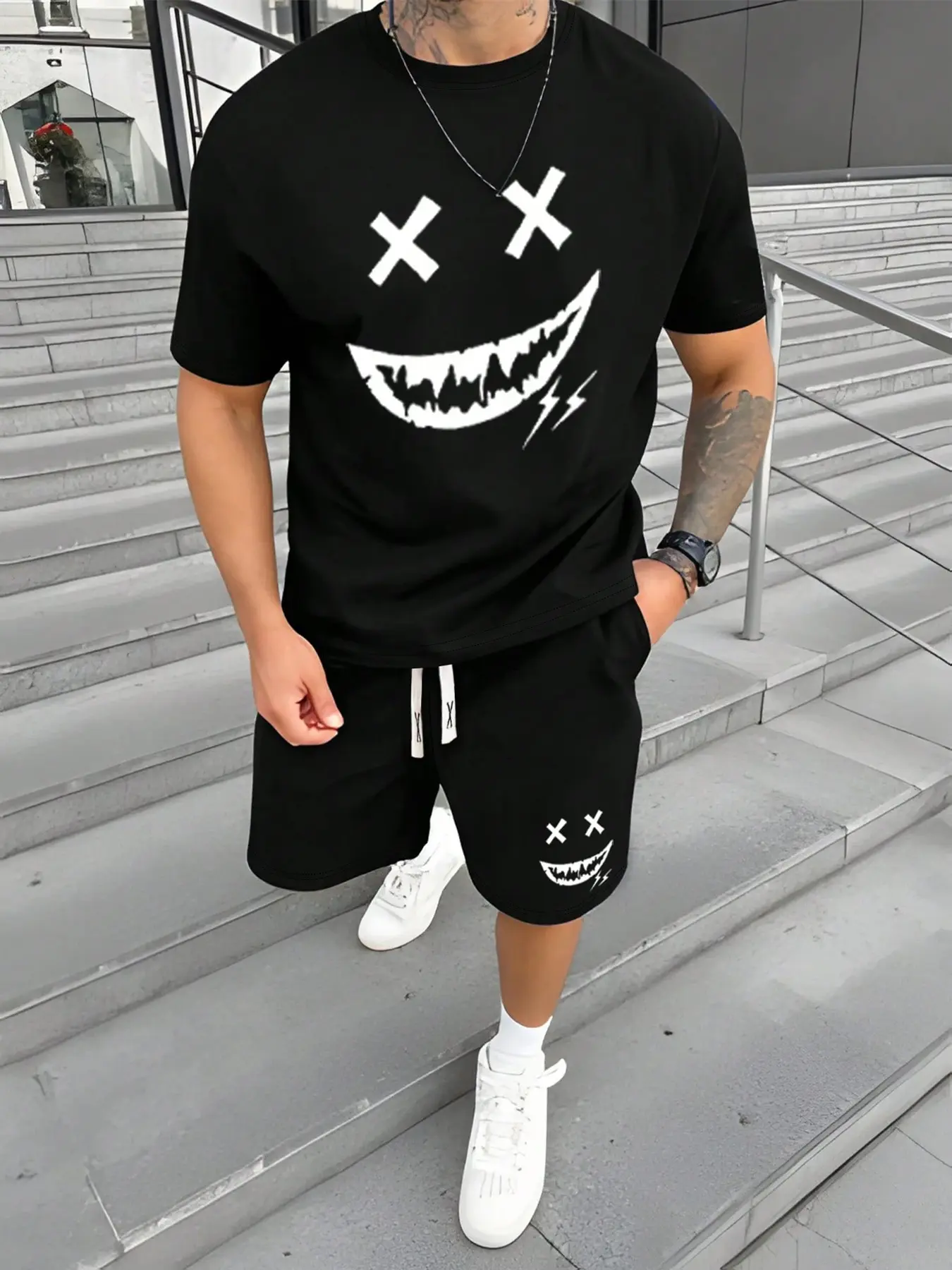 Men's Summer Casual Set, Face Print Knit Tee & Shorts Combo, Comfortable Fitted Design, Perfect for Daily Wear Outdoor Activities