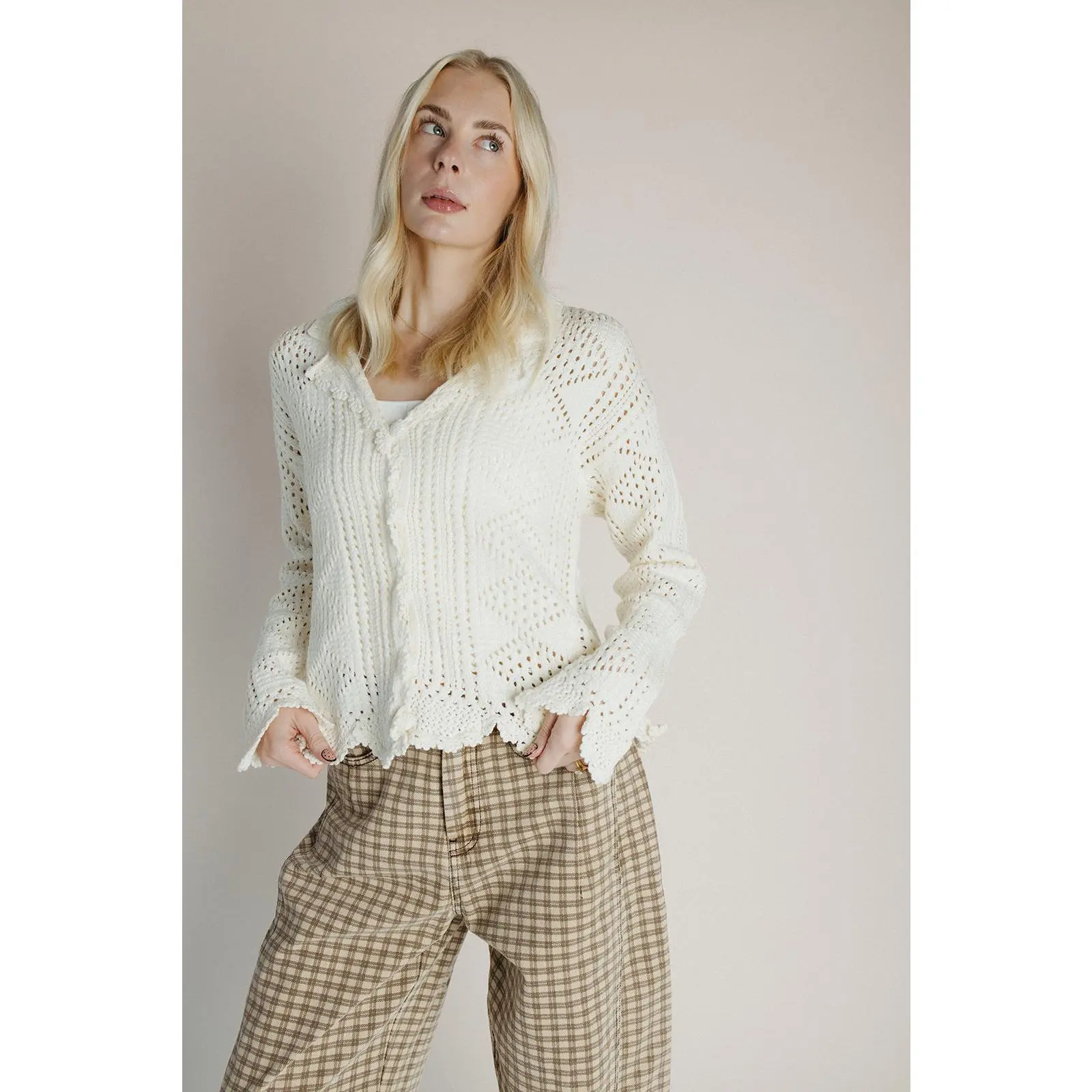 The Abigail Knit Crochet Cardigan in Off White
