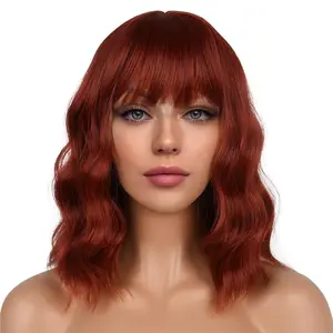 Short Bob Wigs with Bangs for Women Loose Wavy Wig Curly Wavy Shoulder Length Bob Synthetic Cosplay Wig for Girl Colorful Costume Wigs (Auburn)