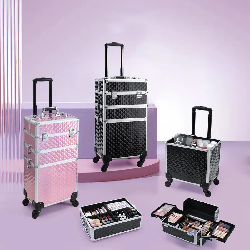 3 in 1 Rolling Makeup Train Case Large Cosmetic Trolley Salon Barber Case for Make Up Hairstylists Nail Tech Aluminum Makeup Trolley Case