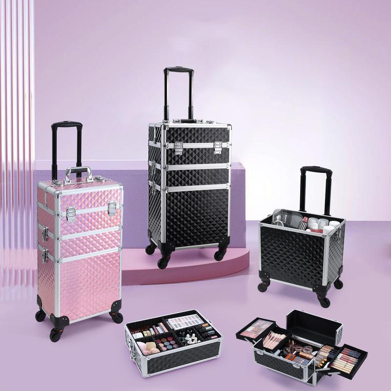 3 in 1 Rolling Makeup Train Case Large Cosmetic Trolley Salon Barber Case for Make Up Hairstylists Nail Tech Aluminum Makeup Trolley Case