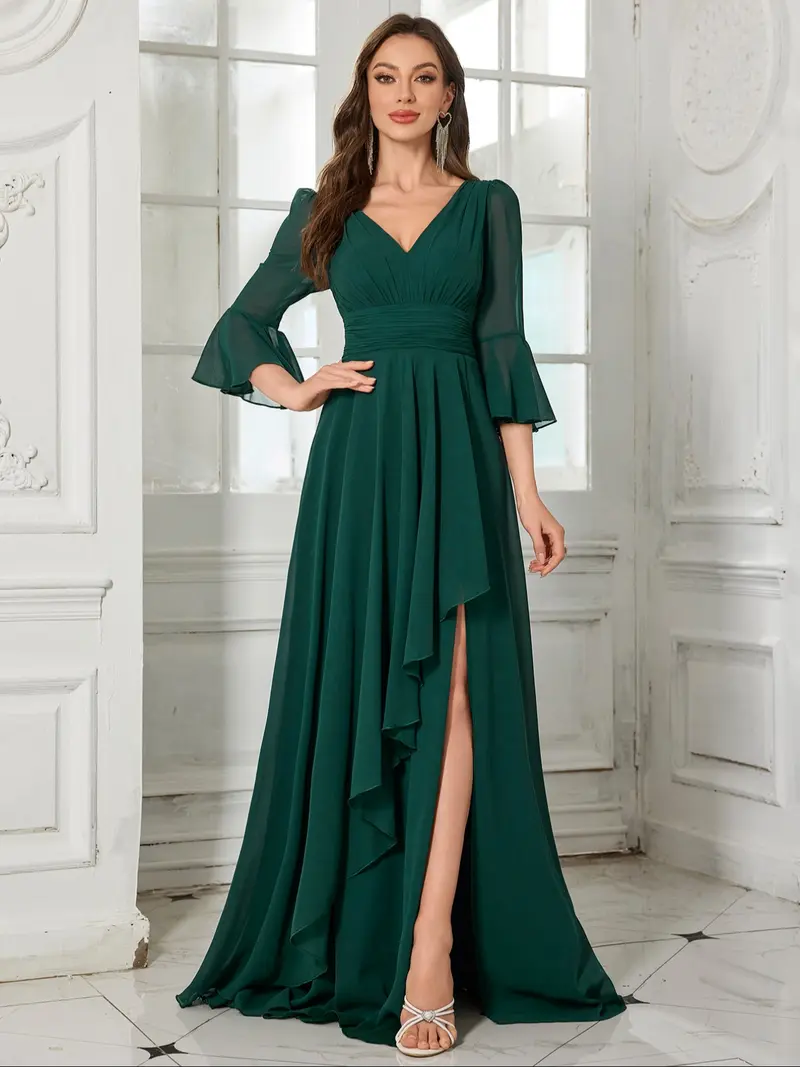 forest green bridesmaid dresses with sleeves Celeste Moss Crepe Bridesmaid Dress in Forest Green