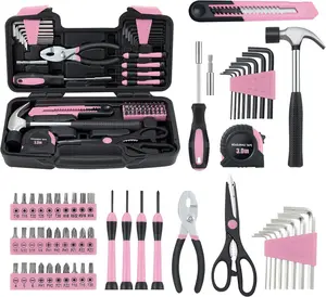 58 Piece Household Tool Kit – MARTCOLOR General Hand Tool Set with Toolbox Case for Home Repair, DIY & Maintenance (Pink)