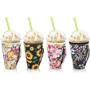 4Pack Reusable Iced Coffee Sleeve Insulator Sleeves for Cold Drinks Beverages, Neoprene Cup Holder for Most Coffee, Fits 30-32oz Large Cups (Floral Meadow)