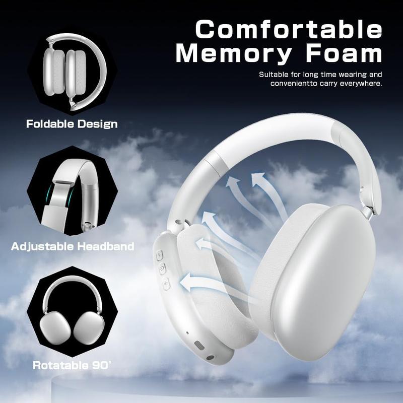 Wireless Headphones Over Ear, Bluetooth 5.4 Headsets, Hi-Fi Stereo, ANC Noise Cancelling, Built-in Microphone, 30 Hours Playtime, 3.5mm Jack, Lightweight for Phones, Computers, Games(Silver)