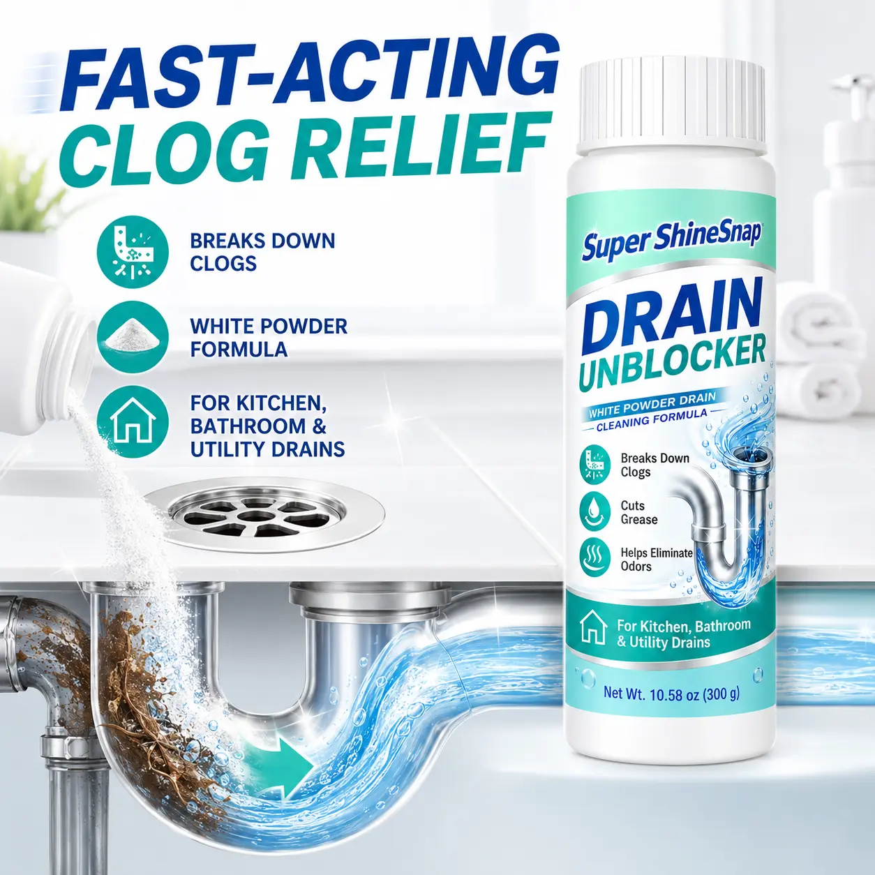 Drain Unblocker Powder, White Powder Drain Cleaner For Kitchen Sink, Bathroom Shower, Floor Drain And Pipes, Helps Break Down Hair, Grease, Soap Scum And Odor-Causing Buildup, Household Drain Care Formula