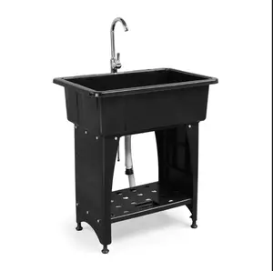 24"D x 40"W x 36"H Multi-functional Washing Sink Laundry Basin with Faucet & Shelf Plastic & Metal Feet for Laundry Room Garage Utility Sink with Drainboard Movable Storage Shelf