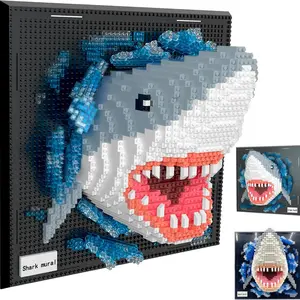 2166pcs Adult 3D Wall Art Shark Mural Building Kit, Abs Material Megalodon Shape, Ocean Animal Blocks for Wall Decor or Desk Display, Model Kit