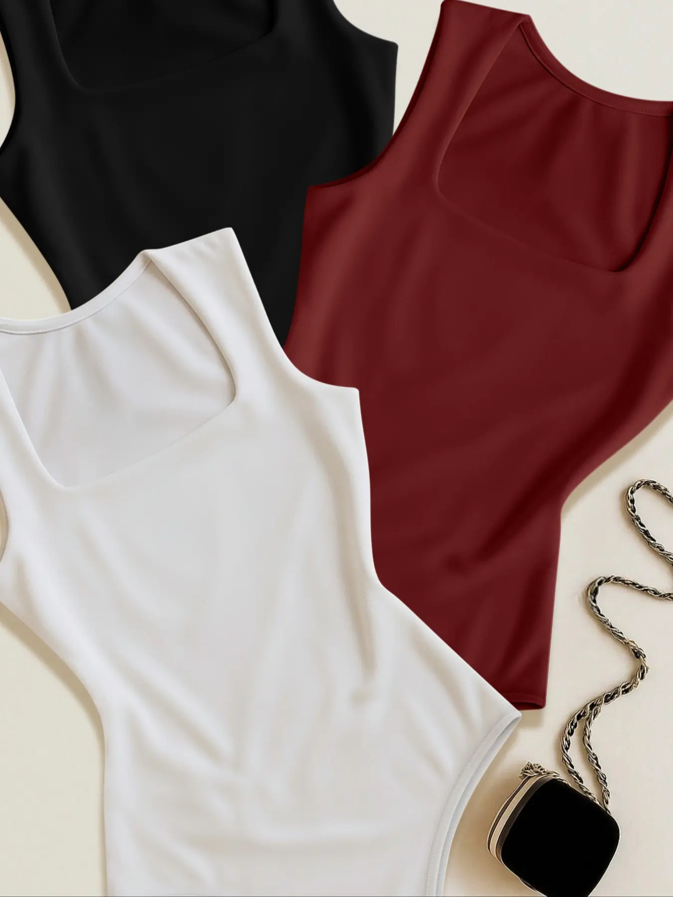 Women's 3-Piece Fashion Aesthetic Casual Comfort Fitted Knit Set, New Square Neck Sleeveless Soft Breathable, Versatile Daily Wear, Inner Layer or Outerwear Romper Jumpsuit Outfit Basic, Breathable Overalls Knitted Jumpsuit Set