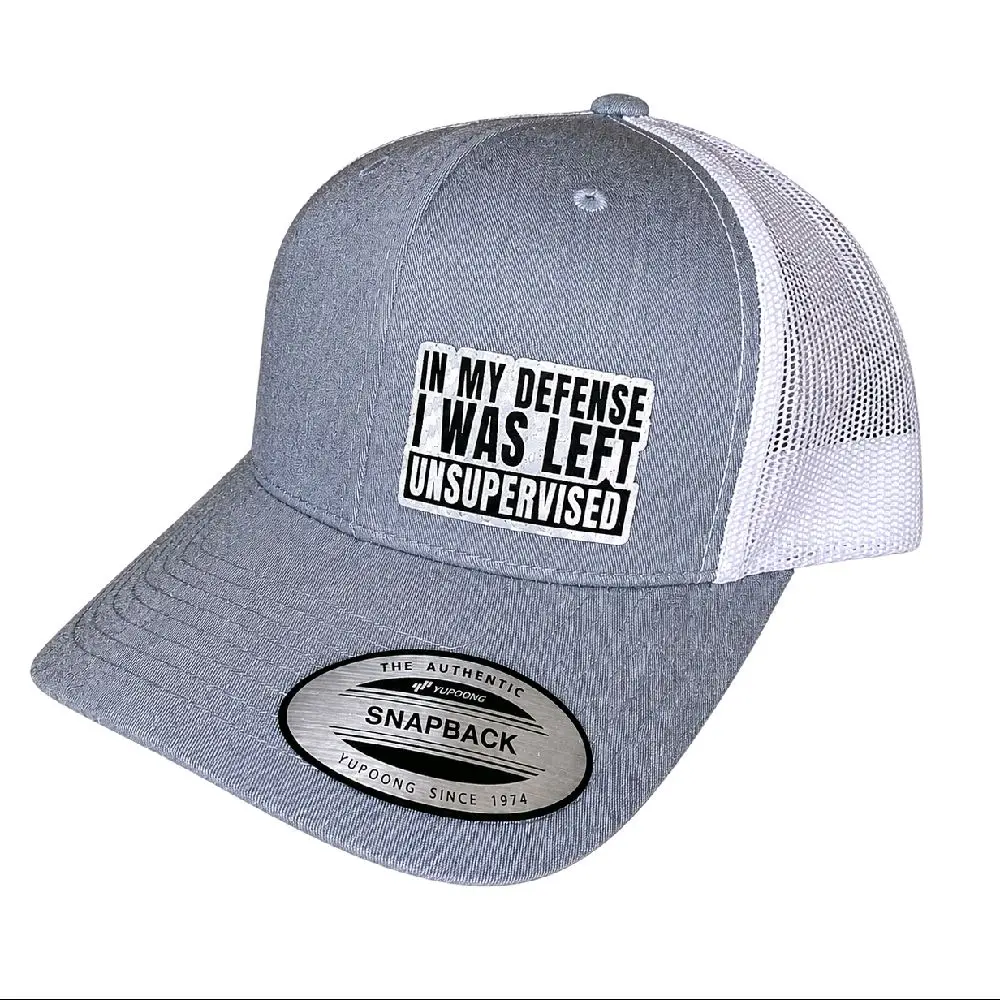 In My Defense I Was Left Unsupervised Hat - Snapback / Flexfit Available In Multiple Colors - Cotton & Polyester-Carbon Fiber Silver Leatherette Patch