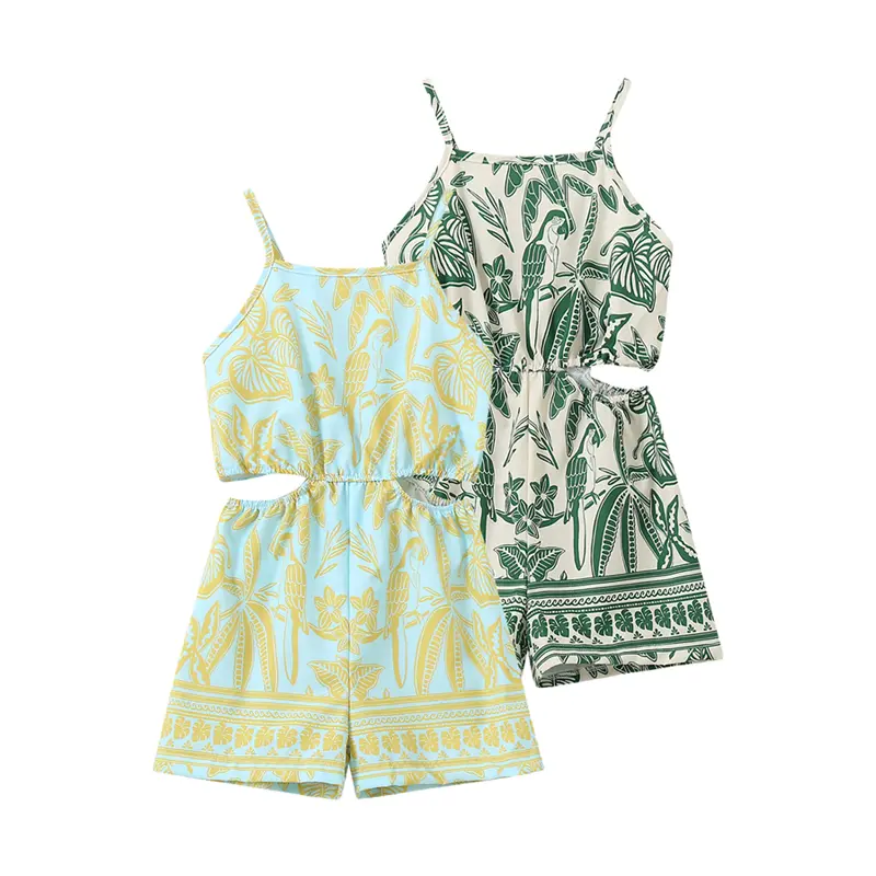 2-Pack Girls' Vacation-Style Jumpsuits Parrot And Leaf Print, Spaghetti Straps, And Cutout Design Summer Jumpsuits For A Cool, Refreshing Look Dress Outfit