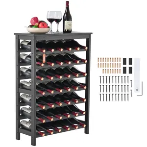 VEVOR 42 Bottle Modular Wine Rack,  7-Tier Solid Bamboo Wood Storage Racks with Table Top, Floor Freestanding Wines Holder Display Shelf, Wobble-Free Shelves for Kitchen, Bar, and Cellar (Black)