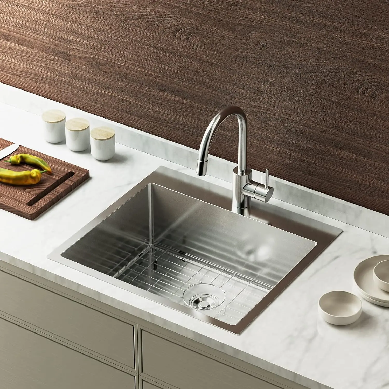 ROVSUN 25 Inch Top mount Kitchen Sink Drop-in, Farmhouse Kitchen Sink with Sink Protector 18 Gauge, Workstation Sink, 304 Stainless Steel Single Bowl for RV, Travel Trailer, Garage, 25x22x9