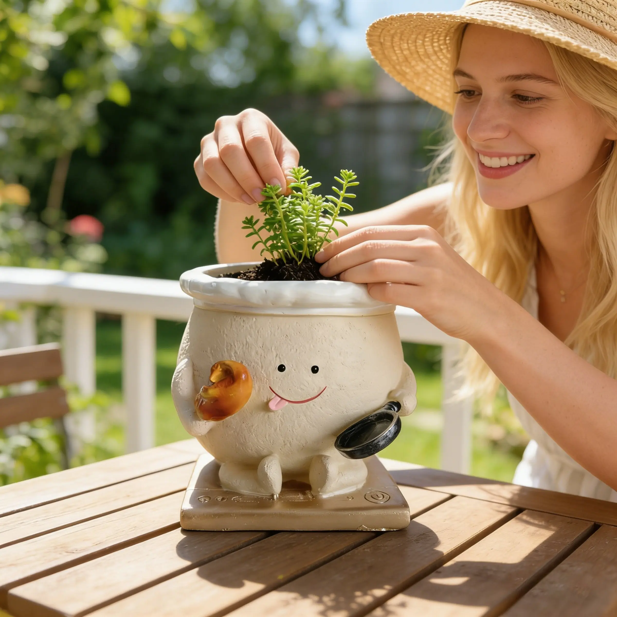Chef Smiley Face Resin Succulent Planter Pot, Plant Pots, Cartoon Cook Figurine with Croissant Frying Pan, Small Decorative Planters for Indoor Cactus Plants, Kitchen Desktop Home Table Ornament Decor, Gift Ideas for Home Cooks Plant Lovers